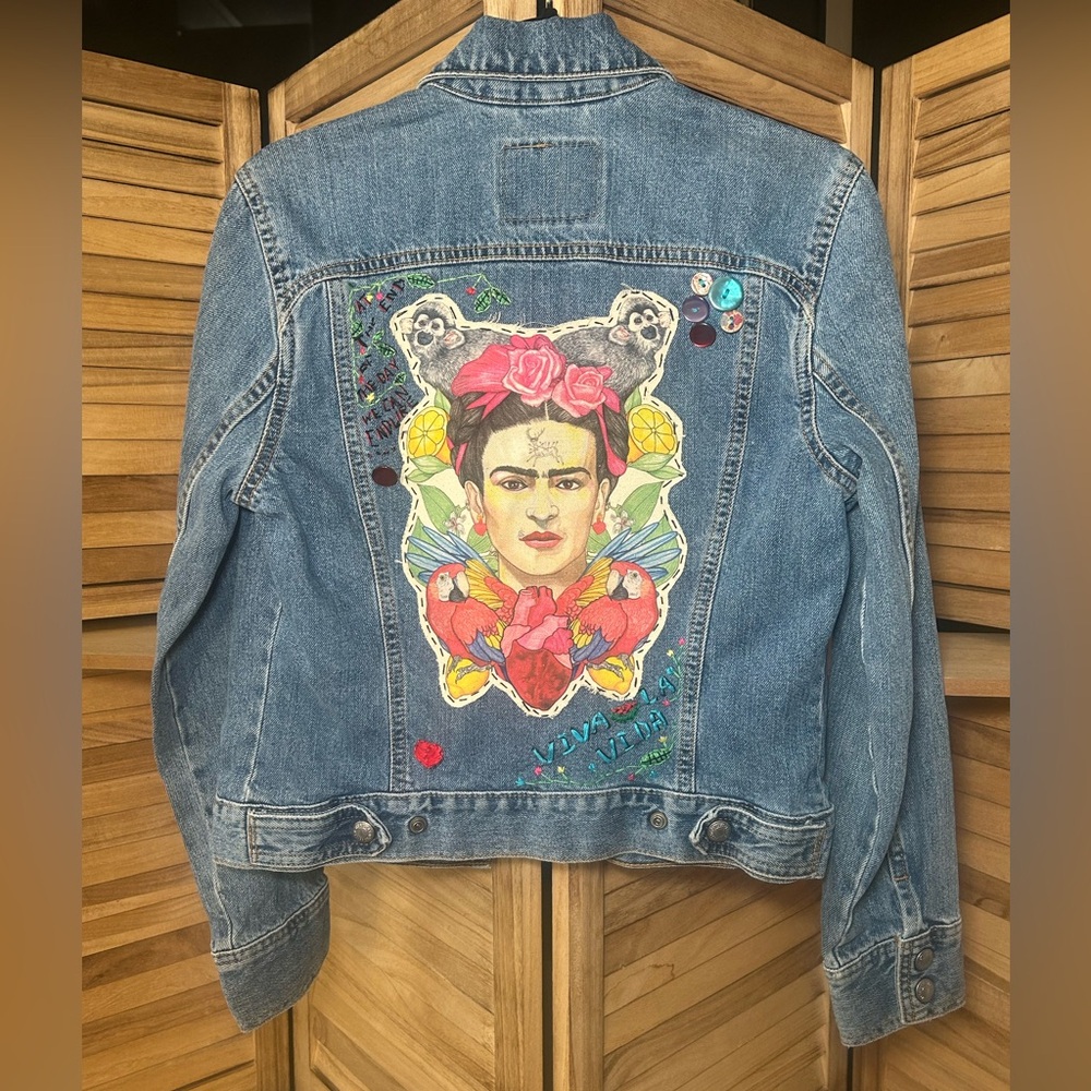 Embellished Levi's vintage Weekend Jean Jacket, Frida Kahlo imagery, embroidery
